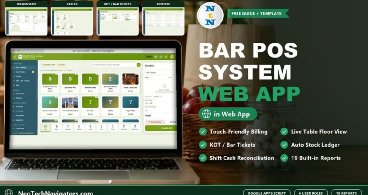 Bar POS System Web App billing screen on a laptop with dashboard, tables, KOT and reports previews