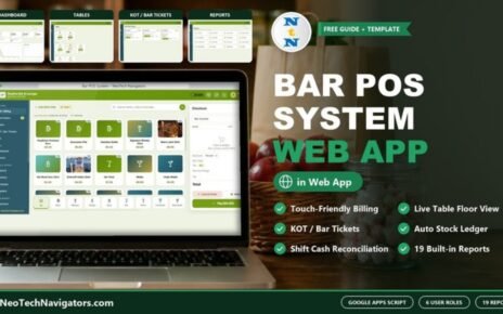 Bar POS System Web App billing screen on a laptop with dashboard, tables, KOT and reports previews