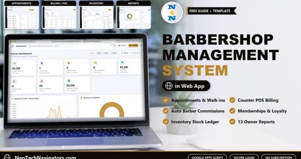 Barbershop Management System web app owner dashboard with revenue, bills and walk-in KPIs shown on a laptop