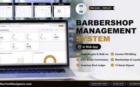Barbershop Management System web app owner dashboard with revenue, bills and walk-in KPIs shown on a laptop