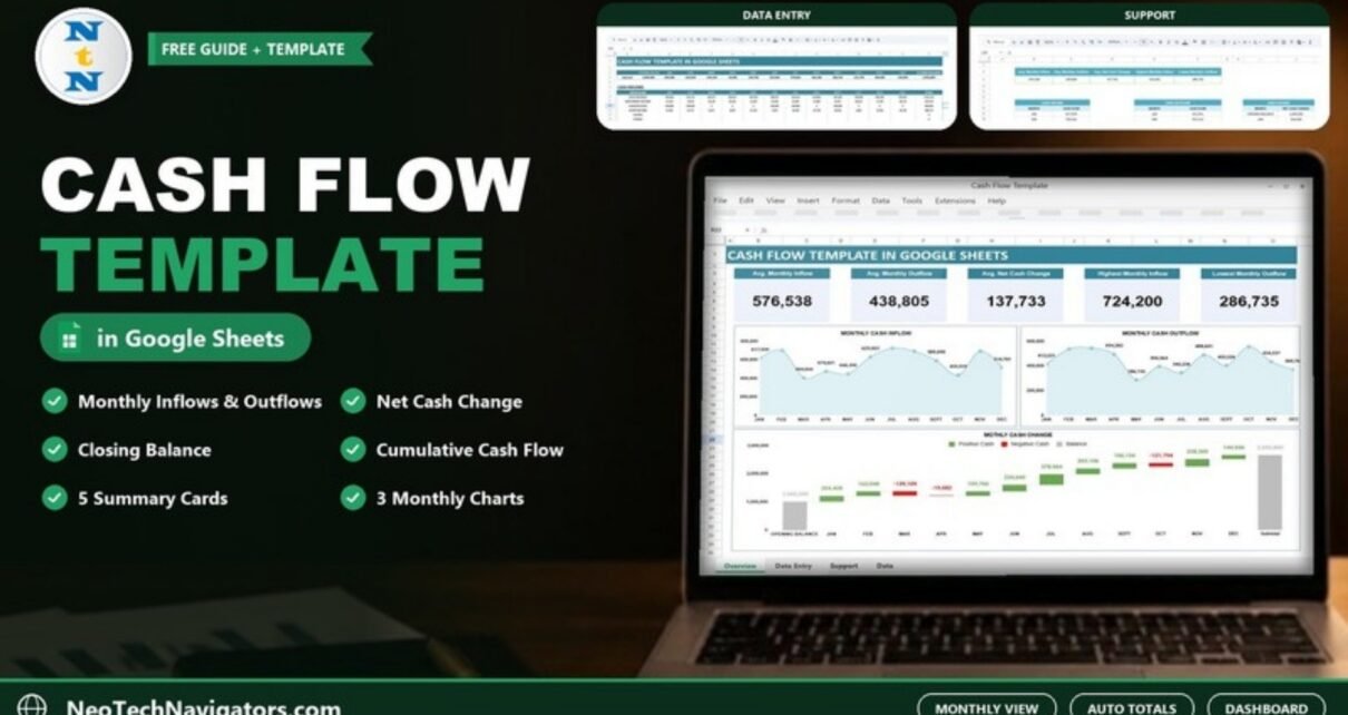 Cash Flow Template in Google Sheets feature image showing the cash flow dashboard on a laptop with Data Entry and Support sheet previews