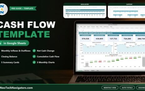 Cash Flow Template in Google Sheets feature image showing the cash flow dashboard on a laptop with Data Entry and Support sheet previews