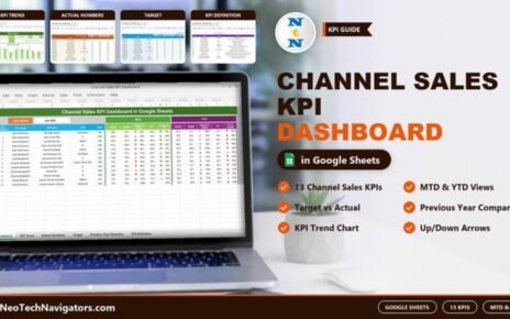 Channel Sales KPI Dashboard in Google Sheets on a laptop showing 13 KPIs with MTD and YTD target and previous year comparisons