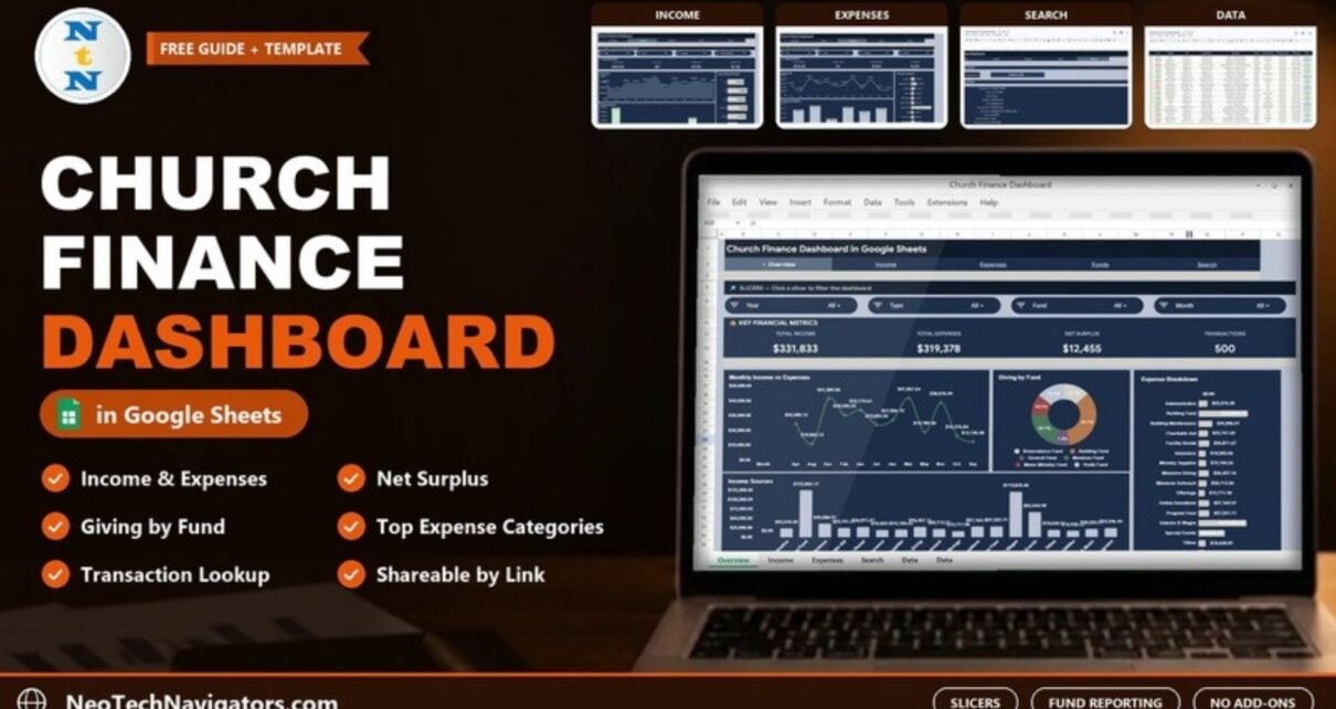 Church Finance Dashboard in Google Sheets on a laptop with income, expense and fund charts, page tiles and key benefits