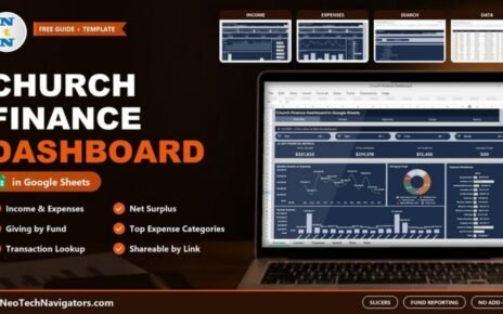 Church Finance Dashboard in Google Sheets on a laptop with income, expense and fund charts, page tiles and key benefits