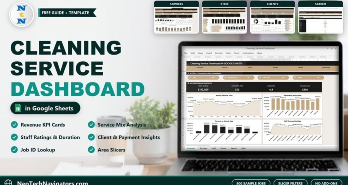Cleaning Service Dashboard in Google Sheets on a laptop showing revenue KPI cards, slicers and revenue charts by month, area, service and staff