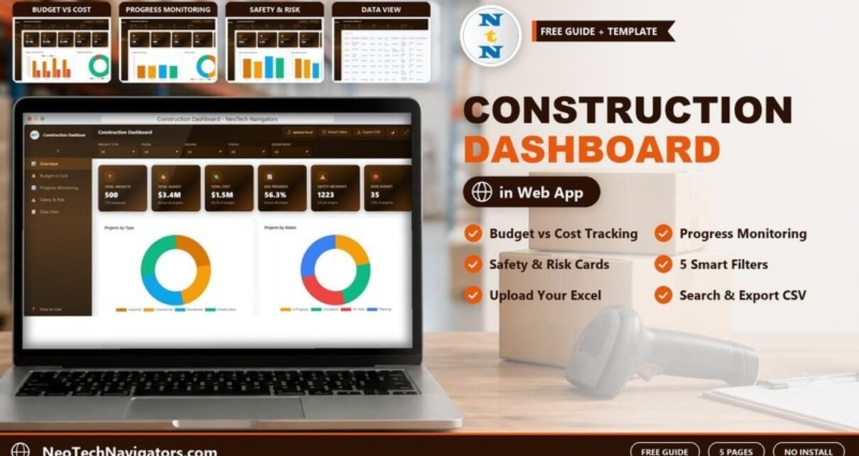 Laptop showing the Construction Dashboard in HTML overview with project, budget, cost, progress and safety KPI cards and project type and status donut charts