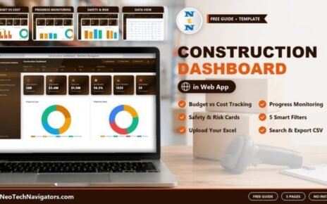 Laptop showing the Construction Dashboard in HTML overview with project, budget, cost, progress and safety KPI cards and project type and status donut charts