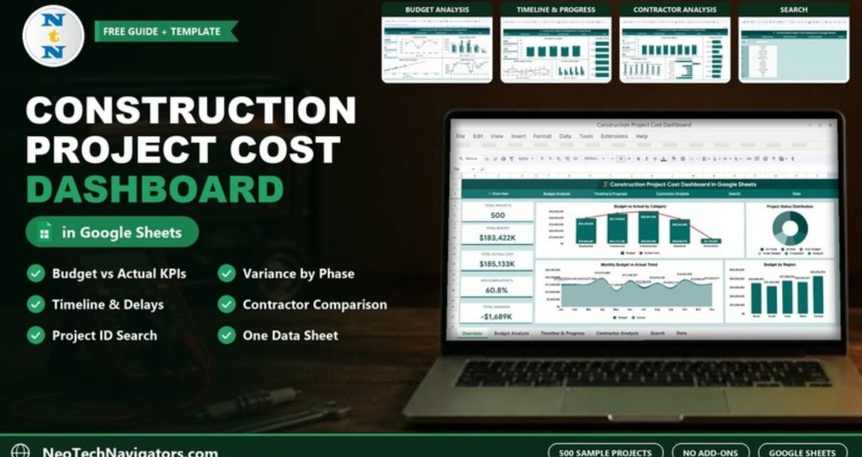 Construction Project Cost Dashboard in Google Sheets shown on a laptop with budget vs actual KPI cards, charts and page previews