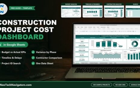 Construction Project Cost Dashboard in Google Sheets shown on a laptop with budget vs actual KPI cards, charts and page previews