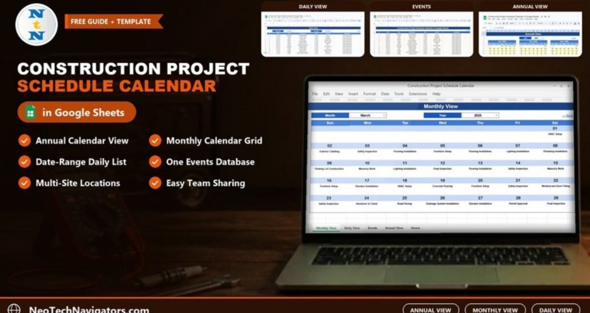 Laptop showing the Construction Project Schedule Calendar monthly view in Google Sheets with daily, events and annual view previews