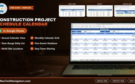 Laptop showing the Construction Project Schedule Calendar monthly view in Google Sheets with daily, events and annual view previews
