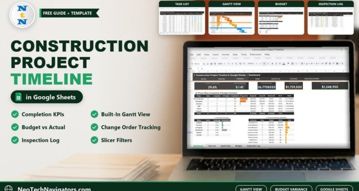 Construction Project Timeline in Google Sheets on a laptop showing completion, budget variance KPIs and phase-wise budget summary