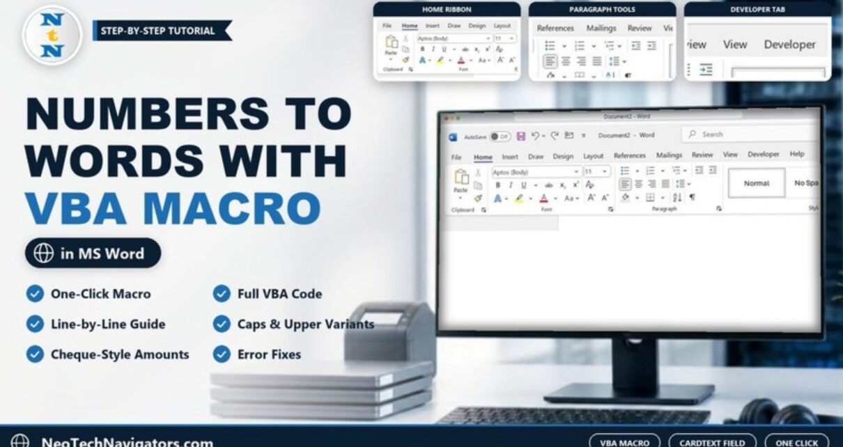 Microsoft Word ribbon with the Developer tab on a desktop monitor, title Numbers to Words with VBA Macro