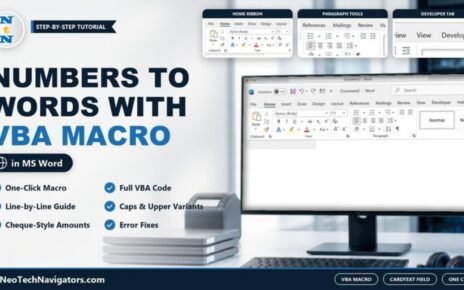 Microsoft Word ribbon with the Developer tab on a desktop monitor, title Numbers to Words with VBA Macro