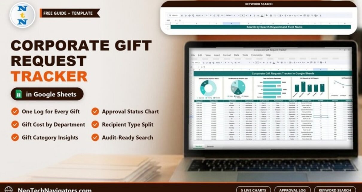 Corporate Gift Request Tracker in Google Sheets on a laptop showing approval, recipient, department cost, category and requester charts above the gift log
