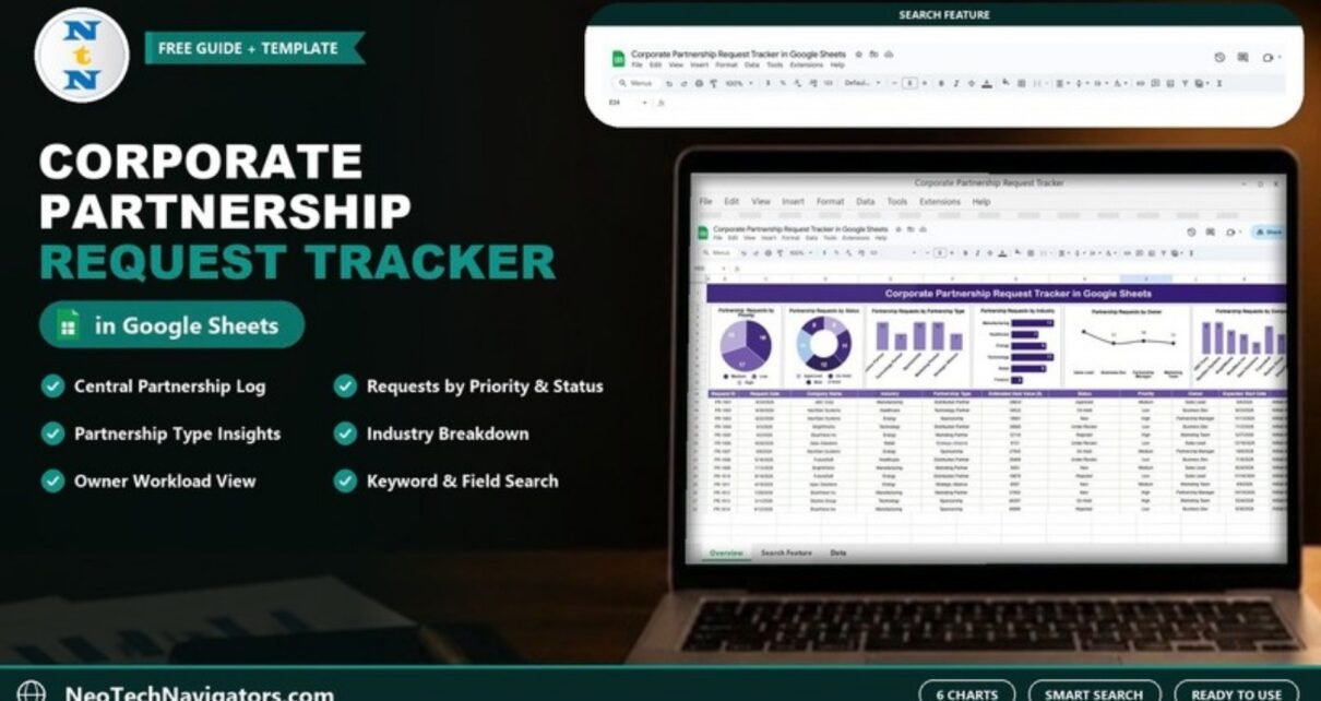 Corporate Partnership Request Tracker in Google Sheets on a laptop showing partnership request charts by priority, status, type and industry with the search feature preview