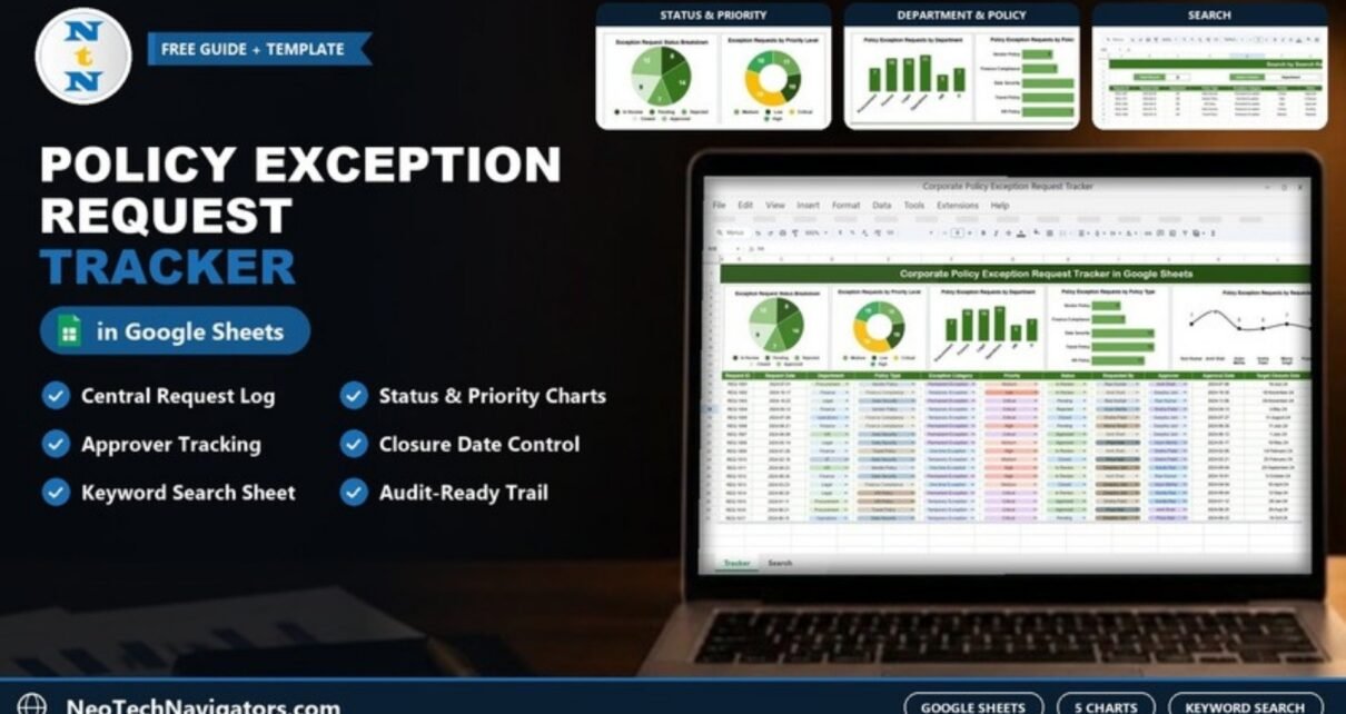 Corporate Policy Exception Request Tracker in Google Sheets on a laptop with status, priority, department and policy charts and the Search sheet