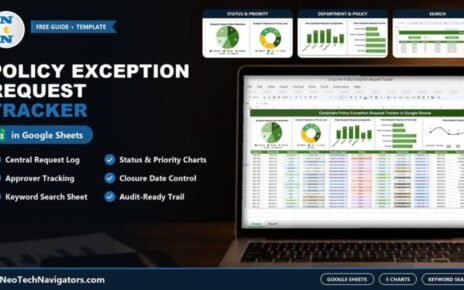 Corporate Policy Exception Request Tracker in Google Sheets on a laptop with status, priority, department and policy charts and the Search sheet