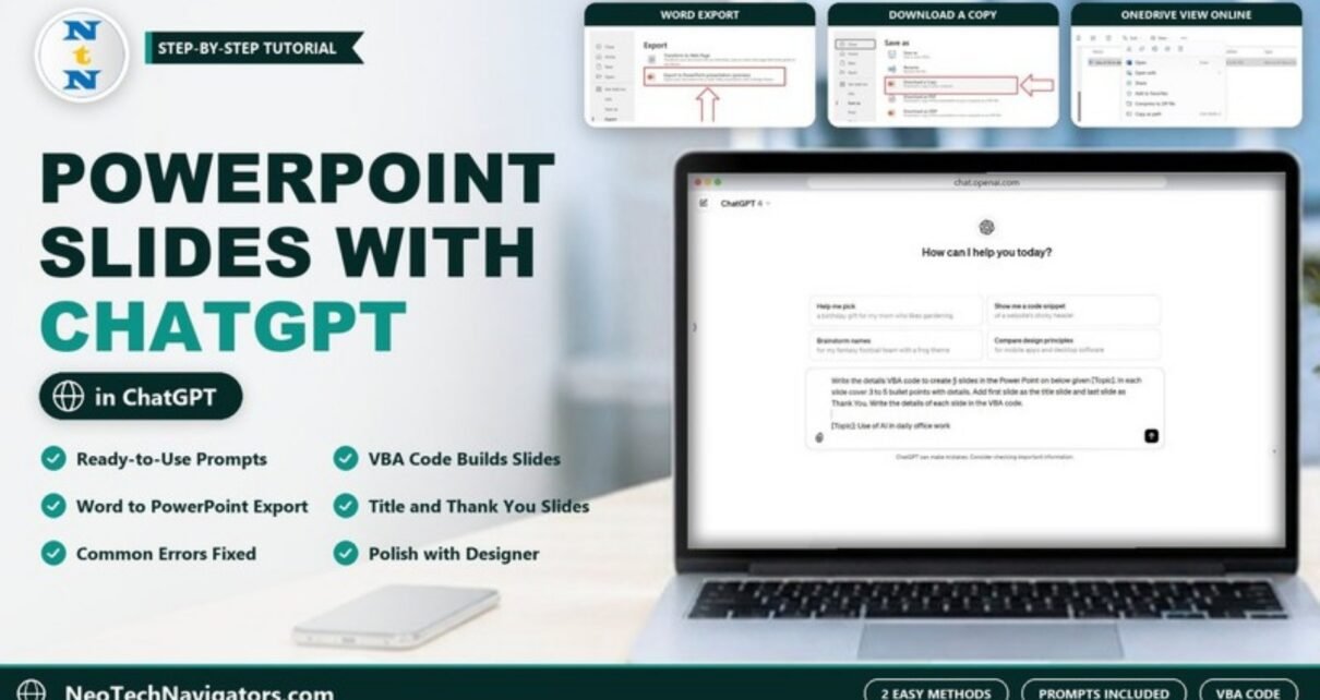 Laptop showing a ChatGPT prompt for VBA code that creates PowerPoint slides, with Word export and Download a Copy screenshots