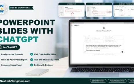 Laptop showing a ChatGPT prompt for VBA code that creates PowerPoint slides, with Word export and Download a Copy screenshots