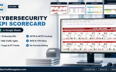 Cybersecurity KPI Scorecard in Google Sheets on a desktop monitor showing ten security KPI cards with traffic lights, plus Trend, KPI Definition, Data Input and Colour Settings previews