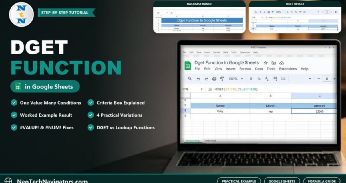 DGET function in Google Sheets on a laptop showing the DGET formula returning 22365 for Coby in September