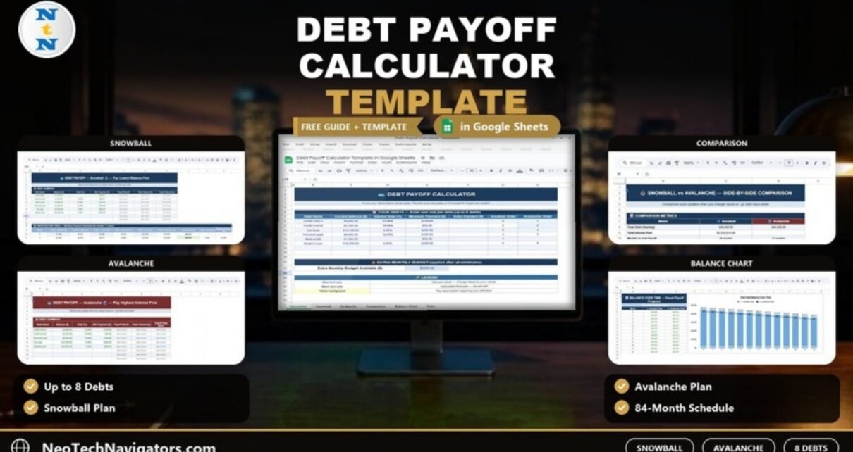 Debt Payoff Calculator Template in Google Sheets on a monitor with Snowball, Avalanche, Comparison and Balance Chart sheet previews