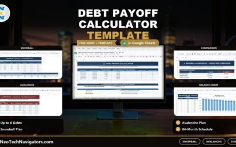 Debt Payoff Calculator Template in Google Sheets on a monitor with Snowball, Avalanche, Comparison and Balance Chart sheet previews