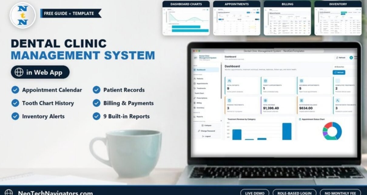 Dental Clinic Management System web app dashboard on a laptop with patient, appointment and revenue KPI cards, plus appointments, billing and inventory pages