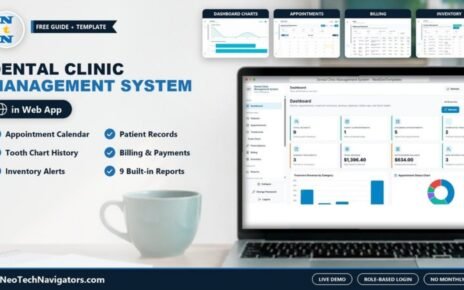 Dental Clinic Management System web app dashboard on a laptop with patient, appointment and revenue KPI cards, plus appointments, billing and inventory pages