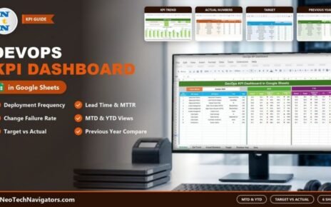 DevOps KPI Dashboard in Google Sheets feature image showing the MTD and YTD KPI dashboard on a monitor with KPI Trend, Actual Numbers, Target and Previous Year previews