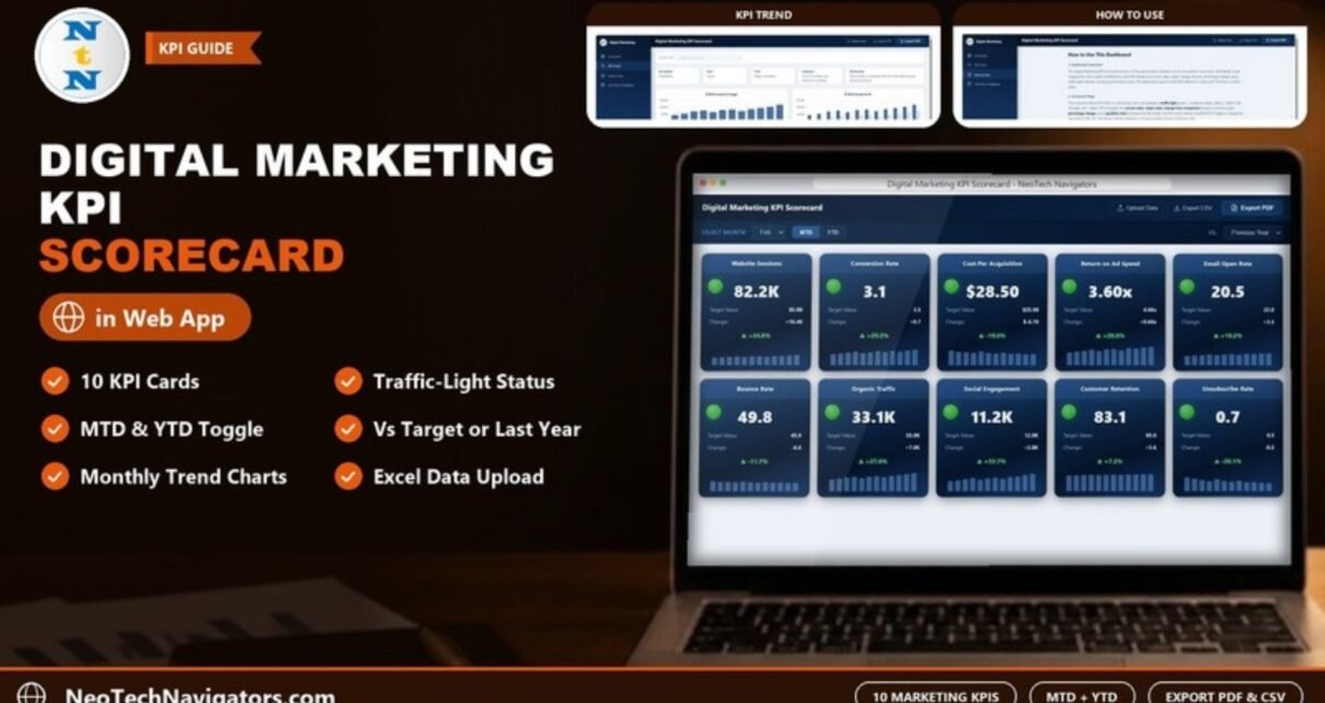 Digital Marketing KPI Scorecard in HTML on a laptop showing ten KPI cards with traffic-light status, targets and change values