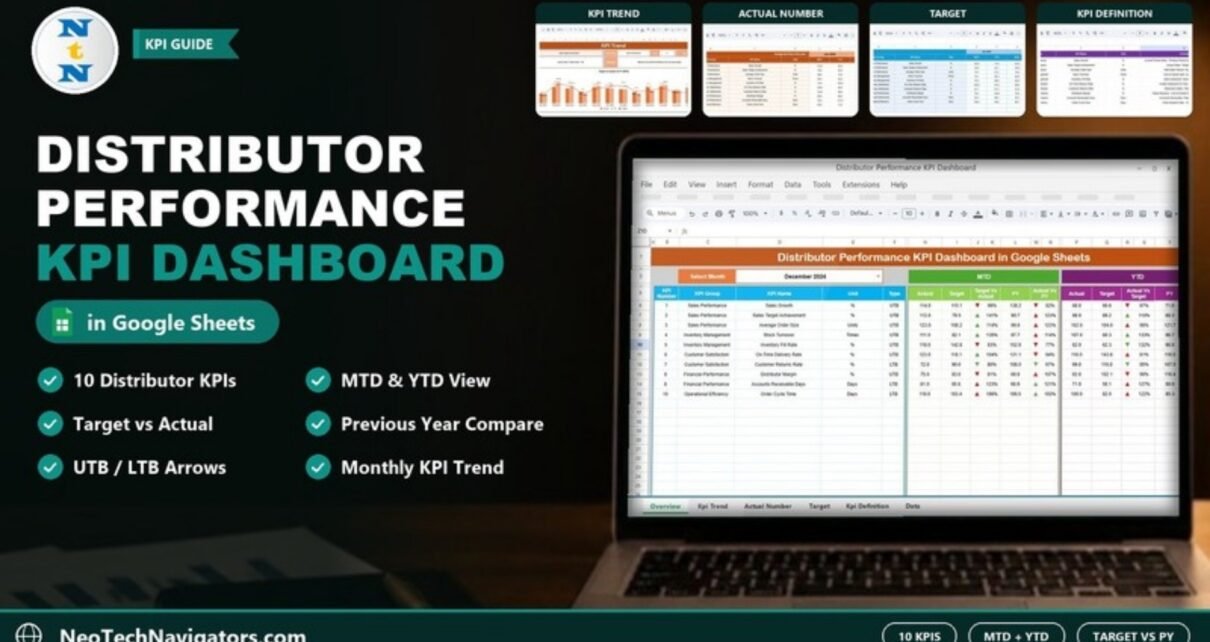 Distributor Performance KPI Dashboard in Google Sheets on a laptop showing ten KPIs with MTD and YTD target and previous-year comparisons