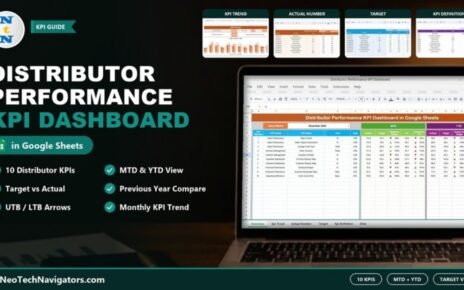 Distributor Performance KPI Dashboard in Google Sheets on a laptop showing ten KPIs with MTD and YTD target and previous-year comparisons