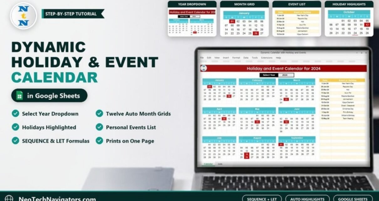 Dynamic holiday and event calendar in Google Sheets on a laptop showing the Select Year dropdown, twelve month grids with highlighted holidays and the event list