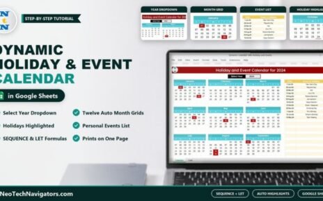 Dynamic holiday and event calendar in Google Sheets on a laptop showing the Select Year dropdown, twelve month grids with highlighted holidays and the event list