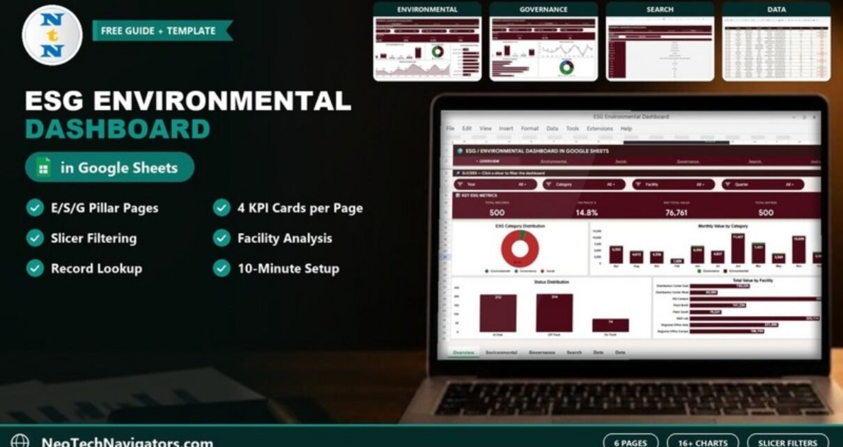 ESG Environmental Dashboard in Google Sheets overview page on a laptop with slicers, KPI cards and charts, plus Environmental, Governance, Search and Data pages