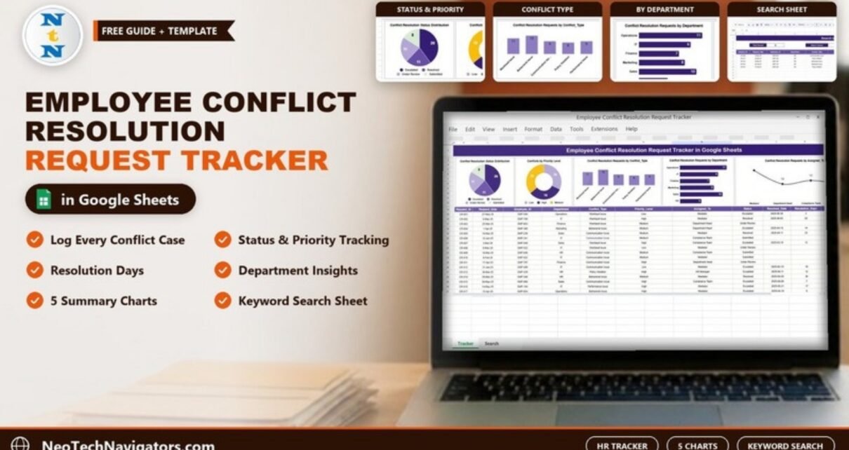 Laptop showing the Employee Conflict Resolution Request Tracker in Google Sheets with five summary charts, request table and search sheet preview