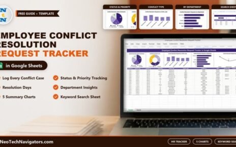 Laptop showing the Employee Conflict Resolution Request Tracker in Google Sheets with five summary charts, request table and search sheet preview