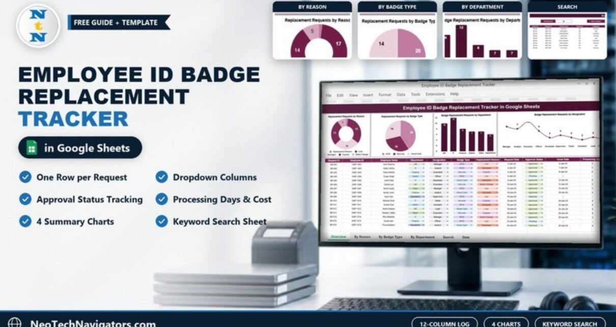 Employee ID Badge Replacement Tracker in Google Sheets on a desktop monitor with request log and charts by reason, badge type and department, plus search sheet preview