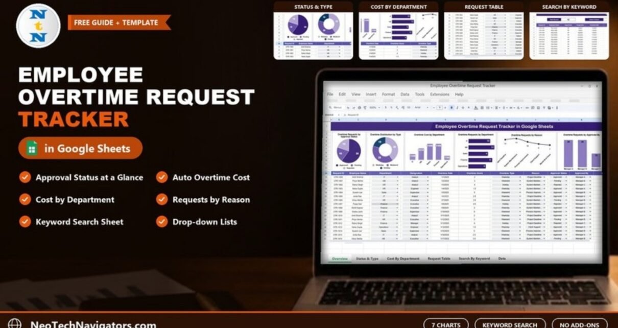 Employee Overtime Request Tracker in Google Sheets on a laptop with overtime charts, request table and keyword search previews