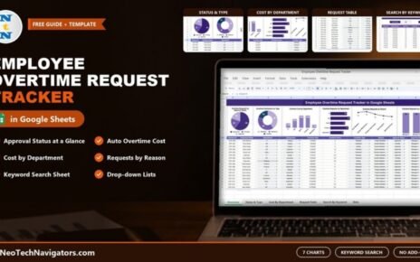 Employee Overtime Request Tracker in Google Sheets on a laptop with overtime charts, request table and keyword search previews
