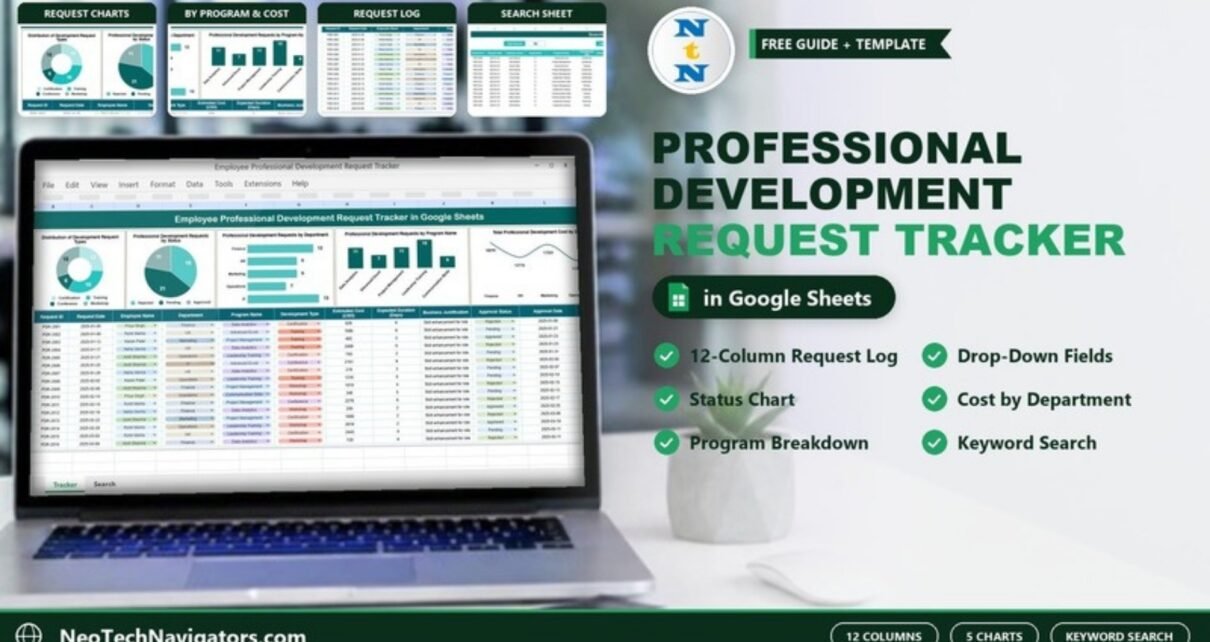 Employee Professional Development Request Tracker in Google Sheets on a laptop with request charts, request log and search sheet previews