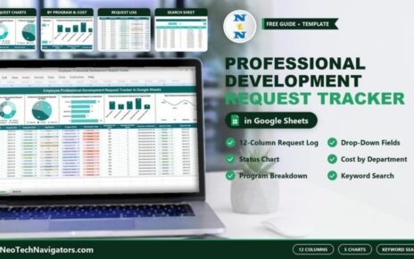 Employee Professional Development Request Tracker in Google Sheets on a laptop with request charts, request log and search sheet previews