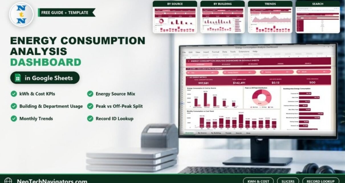 Energy Consumption Analysis Dashboard in Google Sheets on a monitor with kWh, cost and rate KPIs and source, building and monthly charts, plus page previews