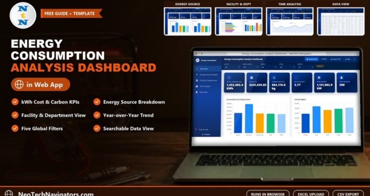 Energy Consumption Analysis Dashboard in HTML on a laptop showing consumption, cost, carbon emission and peak demand KPI cards with consumption by energy source and cost by region charts