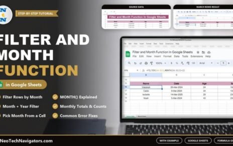 FILTER and MONTH function in Google Sheets on a laptop showing the FILTER MONTH formula returning four March rows