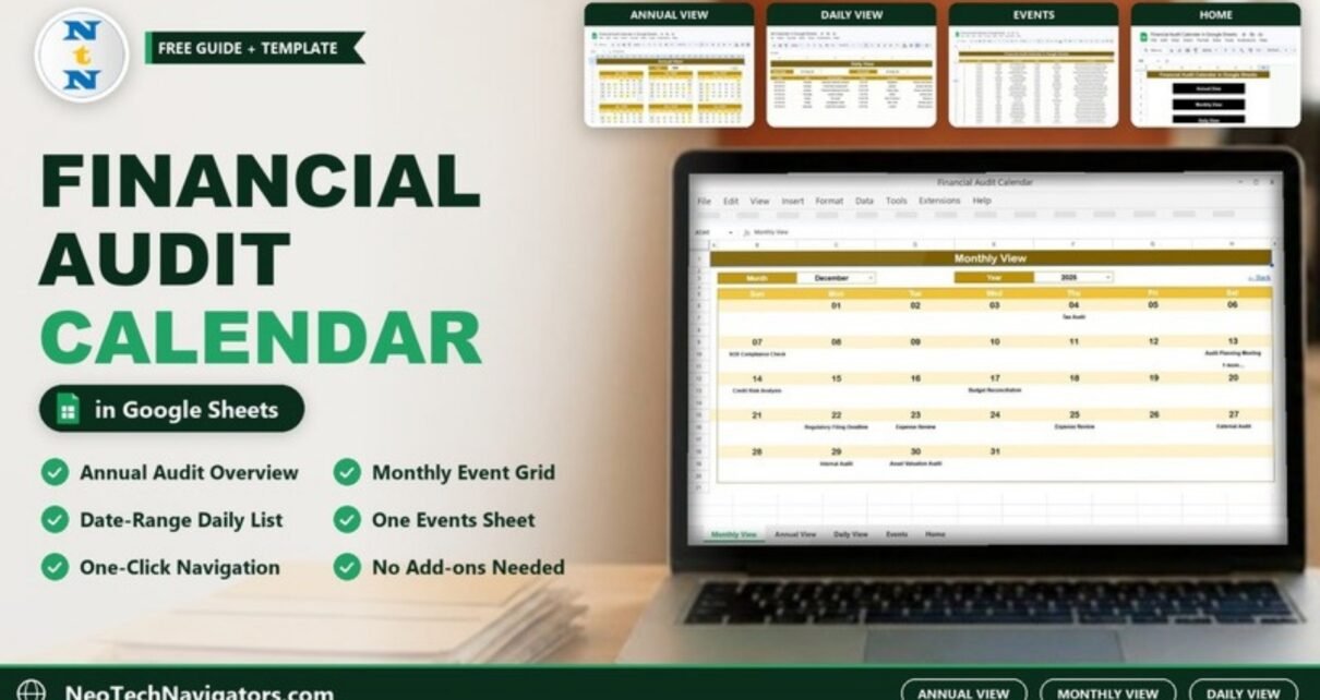 Financial Audit Calendar in Google Sheets showing the Monthly View on a laptop with Annual, Daily and Events page previews