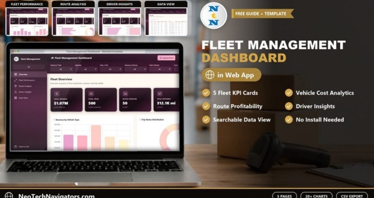 Fleet Management Dashboard in HTML overview on a laptop with revenue, trips, vehicles and distance KPI cards, plus Fleet Performance, Route Analysis, Driver Insights and Data View pages